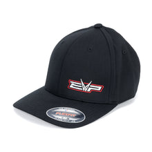 Load image into Gallery viewer, Black EVP Peek fitted baseball hat with red-outlined EVP logo; sizes S/M and L/XL