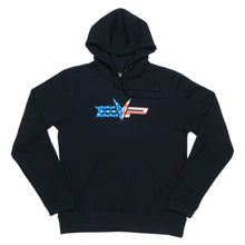 Load image into Gallery viewer, Black EVP hoodie with American flag on front and back