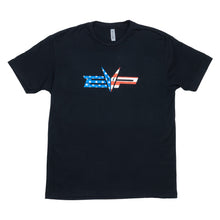 Load image into Gallery viewer, EVP American Spirit T-Shirt, black with American flag on front and back