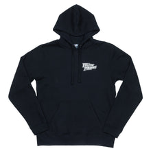 Load image into Gallery viewer, Black We Raise Winners hoodie with Evolution Powersports logo on front left chest and retro race design on back