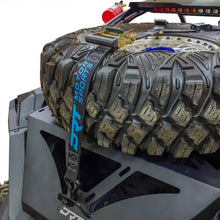 Load image into Gallery viewer, Rear view of Polaris RZR Pro R with DRT adventure rack and spare tire mount