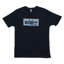 Load image into Gallery viewer, Black t-shirt with centered EVP reverse logo on front
