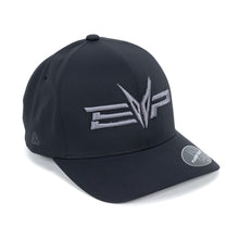 Load image into Gallery viewer, EVP Stealth Black Hydro Peek fitted baseball hat with center-stitched EVP logo, available S/M and L/XL
