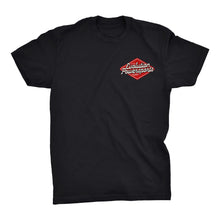 Load image into Gallery viewer, Black Heritage Speed Shop T-shirt with Evolution Powersports logo on front and back
