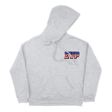 Load image into Gallery viewer, Gray EVP hoodie with American Flag styling and front and back logos
